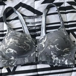 Grey Marble Zip up Padded Sports Bra